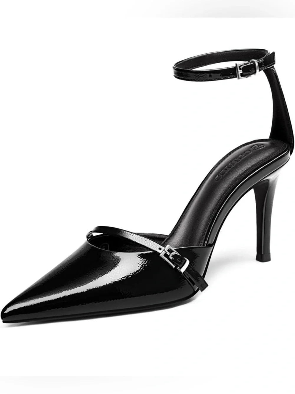 Coutgo Women’s Black Patent Pointed-Toe Ankle-Strap Pumps - US Size 9.5